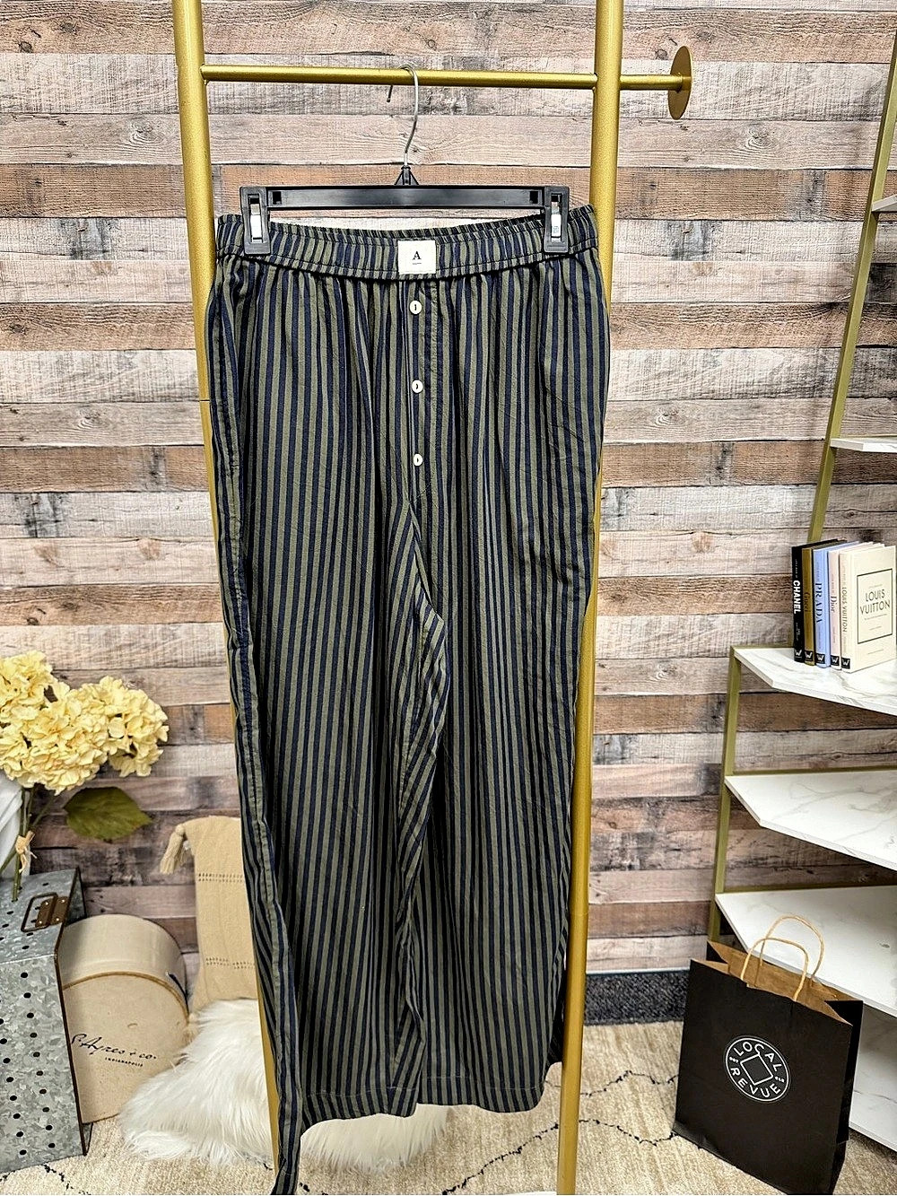 Anthropologie NWT green/navy striped pants w/ button fly
